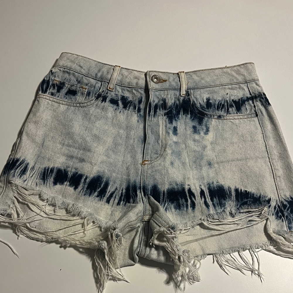 Zara Tie-Dye Blue Denim Women's Frayed Hem Shorts